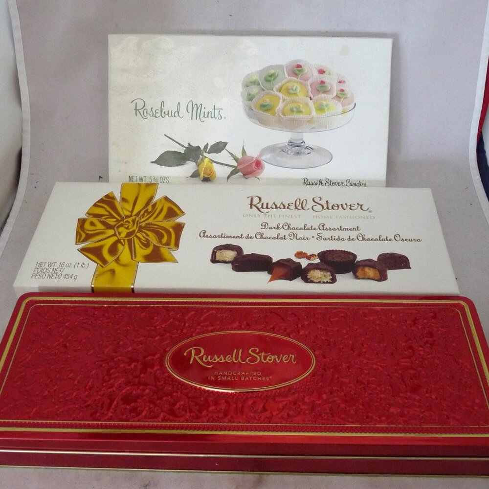 3 Russell Stover advertising chocolate boxes tin